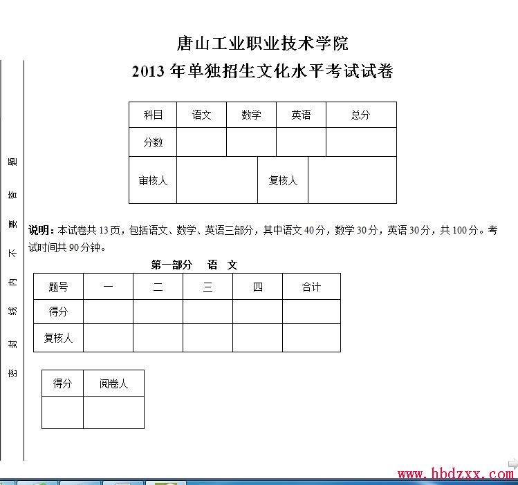 唐山工业职业技术学院2013年单独招生综合素质考试试卷 图1