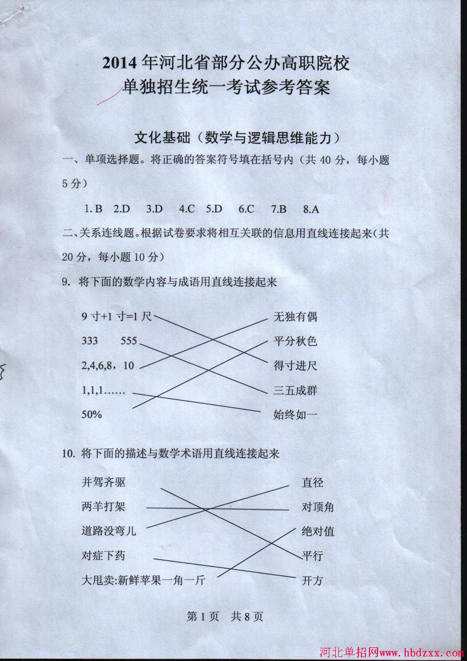 2014年河北省部分公办高职院校单独招生统一考试试卷及答案 图1