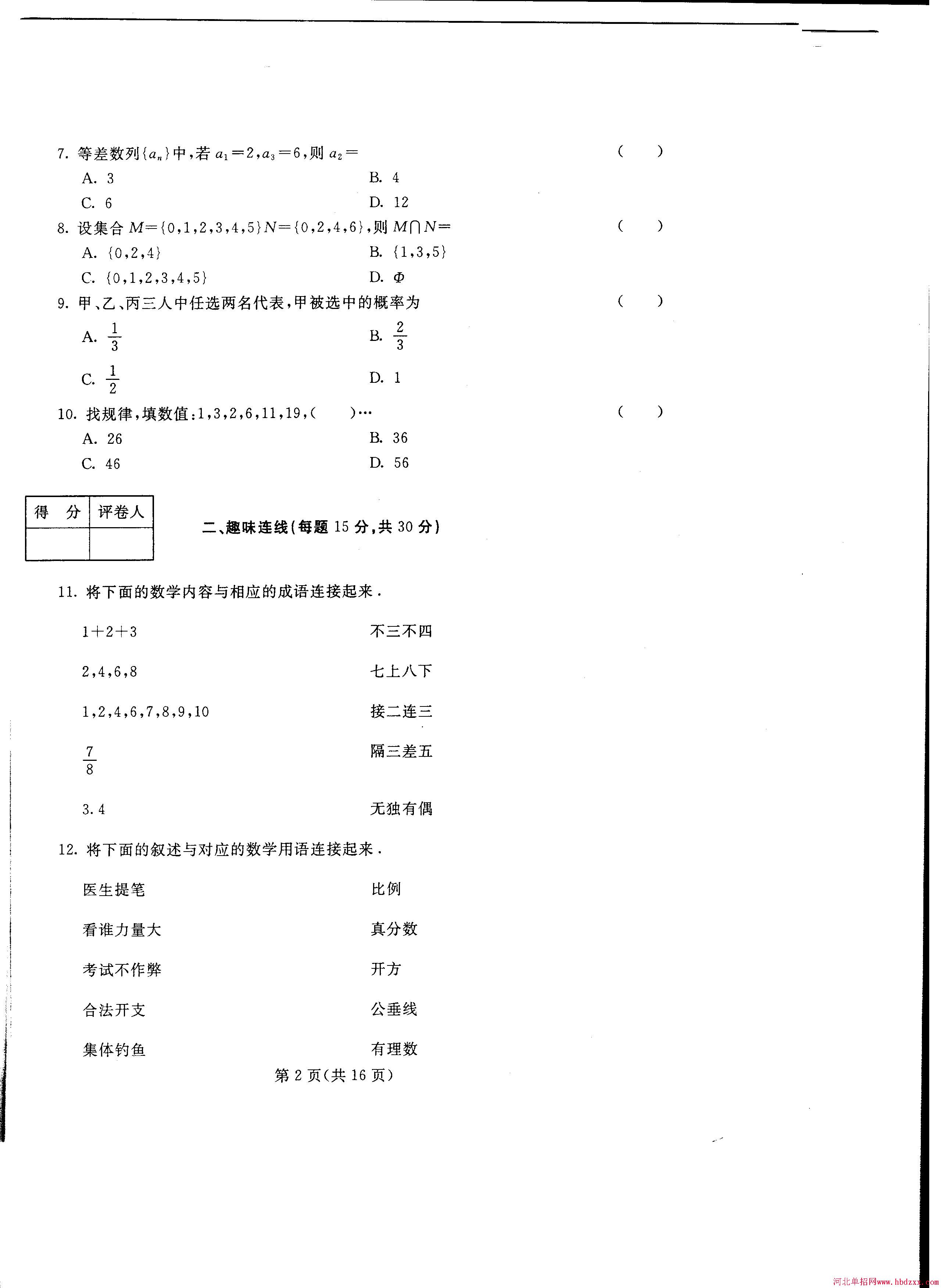 2015年河北省部分公办高职院校单独招生统一考试试卷 图2