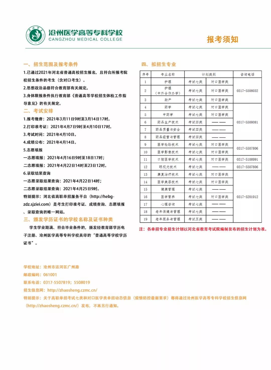 沧州医学高等专科学校2021年单招招生简章 图2