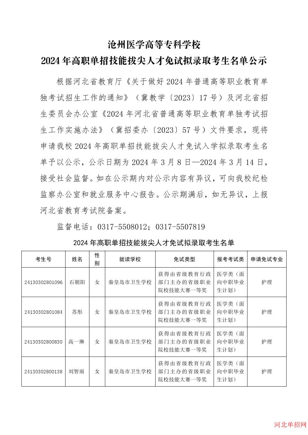 沧州医学高等专科学校2024年高职单招技能拔尖人才免试拟录取考生名单公示 图1