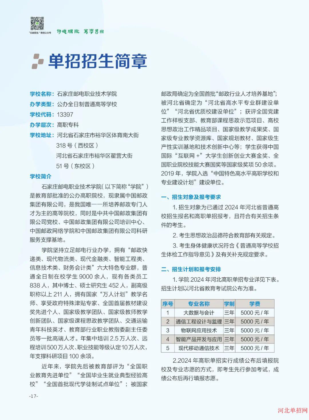 石家庄邮电职业技术学院2024年单招招生简章 图1